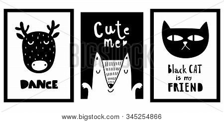 Scandinavian Funny Posters With Doodle Characters And Lettering.