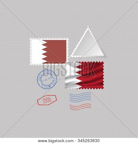 A Set Of Postage Stamps With The Image Of The Flag Of Bahrain Isolated On A Gray Background. 10 Eps