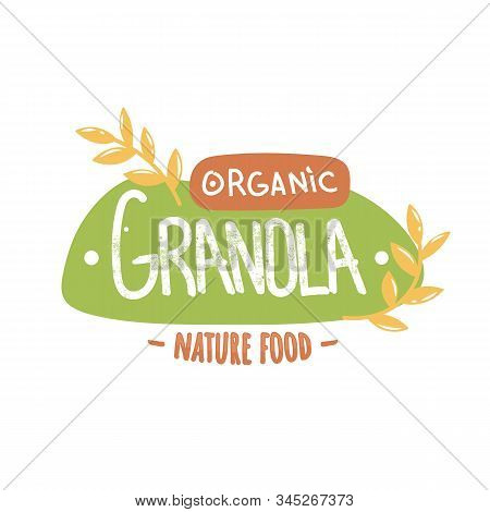 Granola Organic Nature Food Logotype. Handwritten Granola Word On Green Background And Orange Wordin