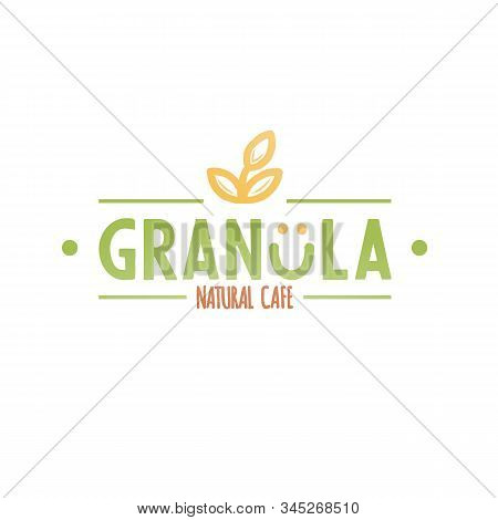 Granola Natural Cafe Logotype. Bold Green Granola Caption And Orange Wording Signboard With Smile An
