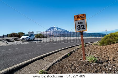 Tenerife,spain - December 19, 2019: Km 32 Of Tf-24 Road Sign In Teide National Park On Tenerife With
