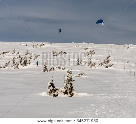 March, 17, 2019: Vysoka Hole, Mala Moravka, Czech Republic: Snowkiters On Vysoka Hole In Jeseniky Mo
