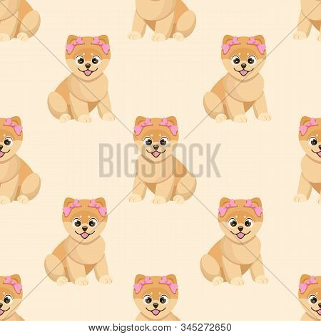 Vector Seamless Pattern With Cute Cartoon Spitz Puppies; Children Design For Fabric, Wallpaper, Text