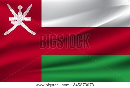 Flag Of Oman. Realistic Waving Flag Of Sultanate Of Oman. Fabric Textured Flowing Flag Of Oman.