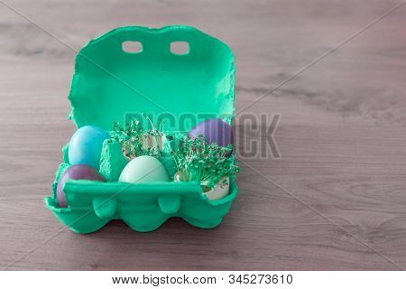 Decorative Handmade Easter Egg Present Box With Eggs And Cress. Beautiful Decoration Easternest Bask