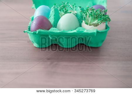 Decorative Handmade Easter Egg Present Box With Eggs And Cress. Beautiful Decoration Easternest Bask