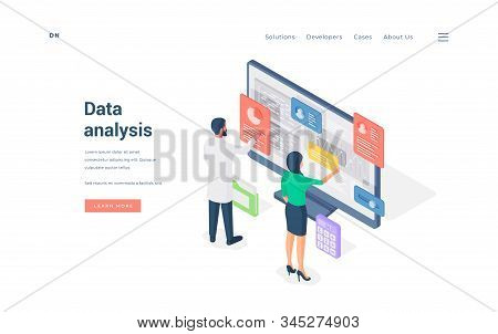 Office Workers Analyzing Data On Computer Isometric Vector Illustration.