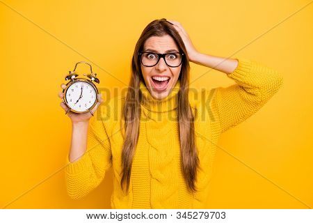 Omg I Late. Crazy Frustrated Girl High School Girl Hold Clock Miss Academic Courses Time Deadline Sc