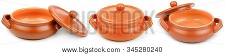 Panoramic ceramic pots with lid from different angles isolated on white background.