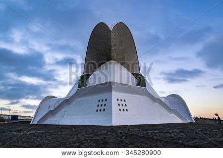 Santa Cruz De Tenerife - December 22, 2019: The Auditorio De Tenerife Auditorium At Dusk. Designed B