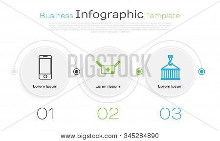 Set Line Mobile Phone With App Delivery Tracking, Cardboard Box With Traffic Symbol  And Container O