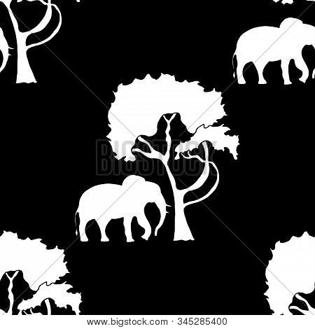 Seamless Pattern With The Silhouette Of An African Elephant And Tree. Vector Hand Drawn Illustration
