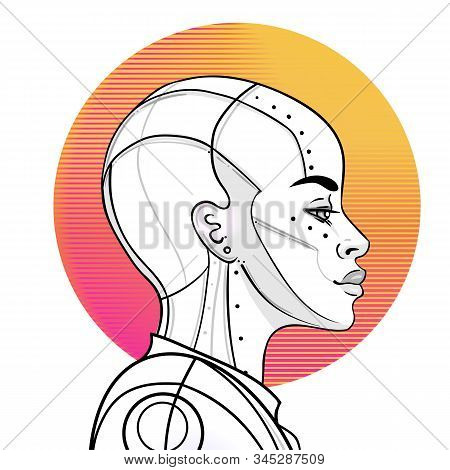 Portrait Of Robot Android Woman In Retro Futurism Style. Vector Illustration . Of A Cyborg In Glowin