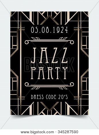 Art Deco Vintage Invitation Template Design With Illustration Of Flapper Girl. Patterns And Frames. 