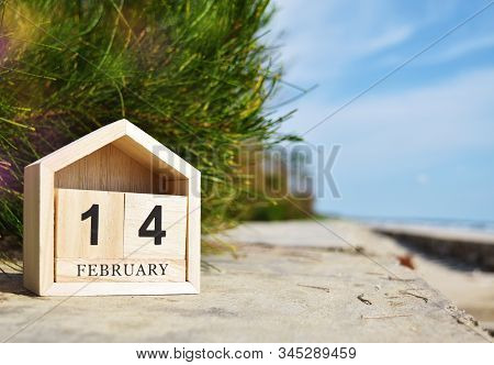 Happy Valentines Day, Valentines Day Background, Wooden Calendar On February 14 In Soft Focus Backgr