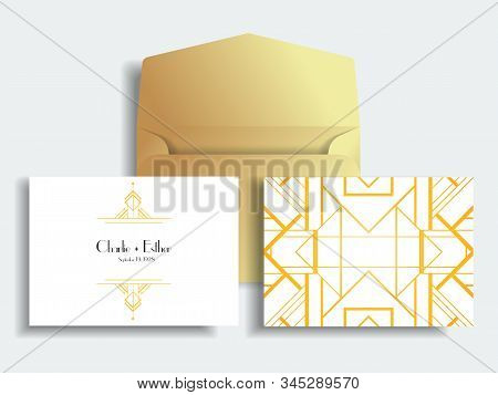 Art Deco Vintage Invitation Template Design With Illustration Of Flapper Girl. Patterns And Frames. 