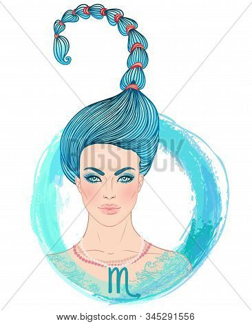 Illustration Of Scorpio Astrological Sign As A Beautiful Girl. Zodiac Vector Illustration Isolated O