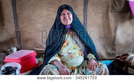 Shiraz, Iran - May 2019: Qashqai Nomadic Woman Inside Her Tent. The Qasqhai Are Nomadic People Livin
