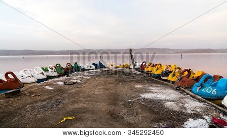 Mahorloo, Shiraz, Iran - May 2019: Abandoned Pedal Boats By The Maharloo Pink Lake