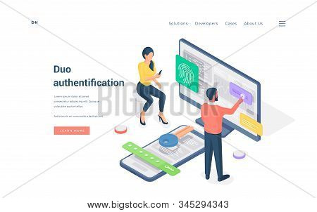 Couple Using Duo Authentication On Devices Isometric Vector Illustration.