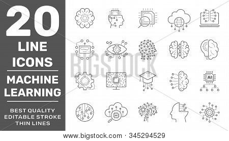 Deep Machine Learning And Artificial Intelligence Technology Concept. Simple Icons Set. Editable Str