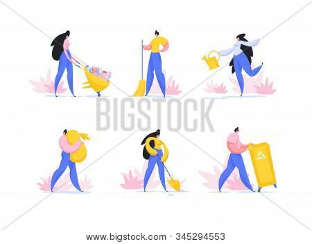 Volunteer Activity, City Park Cleaning Flat Vector Illustrations Set