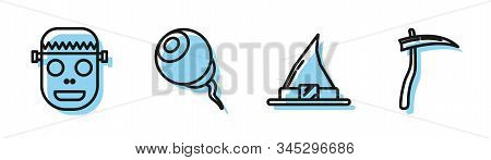 Set Line Witch Hat , Zombie Mask , Eye And Scythe Icon. Vector