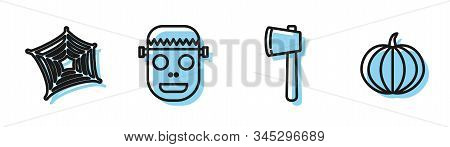Set Line Wooden Axe , Spider Web , Zombie Mask And Pumpkin Icon. Vector