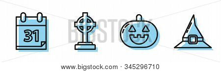 Set Line Pumpkin , Calendar With Halloween Date 31 October, Tombstone With Cross And Witch Hat Icon.