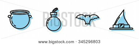 Set Line Flying Bat , Halloween Witch Cauldron , Bomb Ready To Explode And Witch Hat Icon. Vector