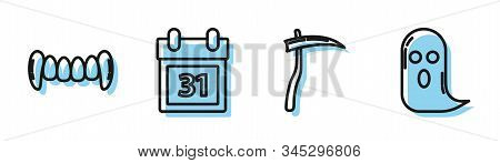 Set Line Scythe , Vampire Teeth , Calendar With Halloween Date 31 October And Ghost Icon. Vector