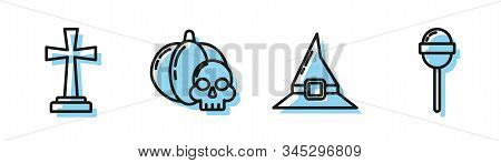 Set Line Witch Hat , Tombstone With Cross , Pumpkin And Skull And Lollipop Icon. Vector