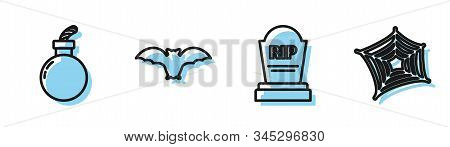 Set Line Tombstone With Rip, Bomb Ready To Explode , Flying Bat And Spider Web Icon. Vector