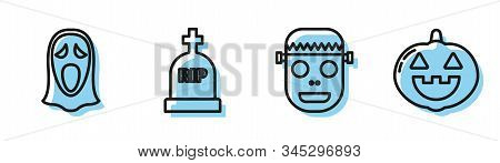 Set Line Zombie Mask , Funny And Scary Ghost Mask For Halloween , Tombstone With Rip And Pumpkin Ico