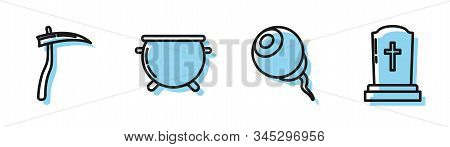 Set Line Eye , Scythe , Halloween Witch Cauldron And Tombstone With Cross Icon. Vector