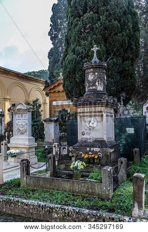 Rome, Italy - December 07, 2019:  Grave Monument In Cemetary Campo Verano ( Cimitero Monumentale Al 