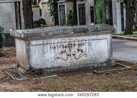 Rome, Italy - December 07, 2019:  Grave Monument In Cemetary Campo Verano ( Cimitero Monumentale Al 