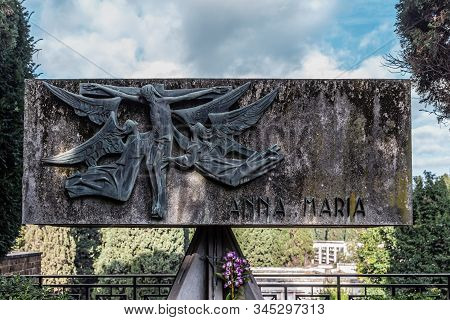 Rome, Italy - December 07, 2019:  Grave Monument In Cemetary Campo Verano ( Cimitero Monumentale Al 