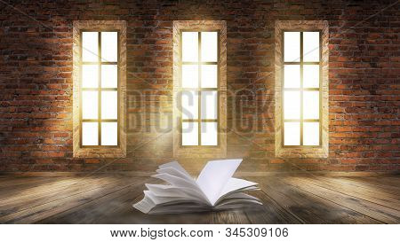 Open Book Magic. Dark Background Magic. An Open Book On A Wooden Table Under The Night Sky Against A