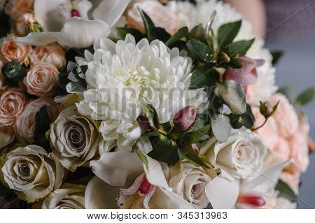 Very Nice Young Woman Holding Big And Beautiful Colourful Flower Wedding Bouquet With Purple Carnati