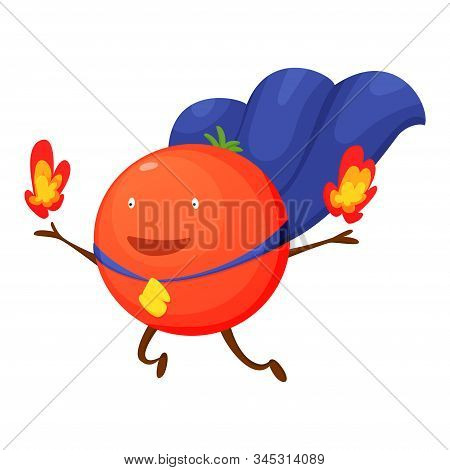 Vector Vegetable Cartoon Character Of Superhero Expression. Funny Personage Of Tomato. Vegetarian Di