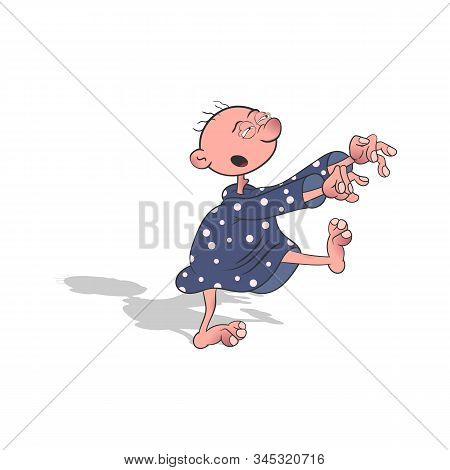 Cartoon Character Suffering From Sleepwalking Walks In A Dream. Vector Illustration On A White Backg