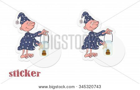 Cartoon Character Suffering From Sleepwalking Holds A Makeshift Lamp In His Hand. Vector Illustratio