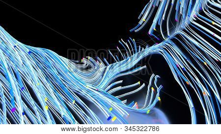 Neon Glowing Twisted Cosmic Blue Tint Lines On The Surface Of The Planet. Beautiful Swirls, Bright T