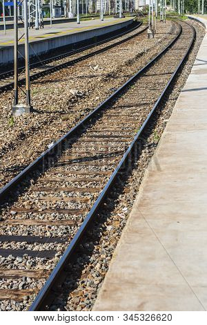 Two Railway Tracks At Railway Platform On East Warsaw Train Station