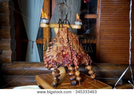 Barbecue Is Prepared Of Lamb Or Sheep Meat And Processed By Slasher. Antrikot And Potato Kebabs Are 