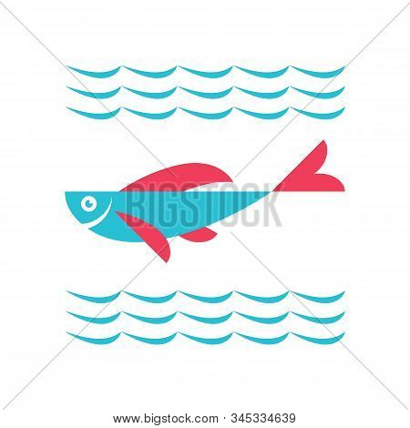Fish And Sea Water Waves - Concept Icon Sign Vector Illustration. Fisg Logo Icon.