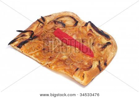 a piece of coca de recapte, a typical catalan dish like a pizza, on a white background