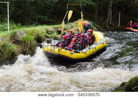 Frongoch, Wales, Uk - September 18 2016: Rafters Shooting The Rapids At The National White Water Cen