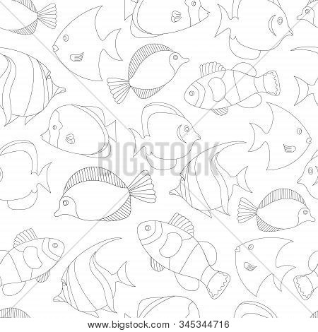 Seamless Pattern With Black And White Tropical Fish. Exotic Fish. Coloring Book Page For Adult And C